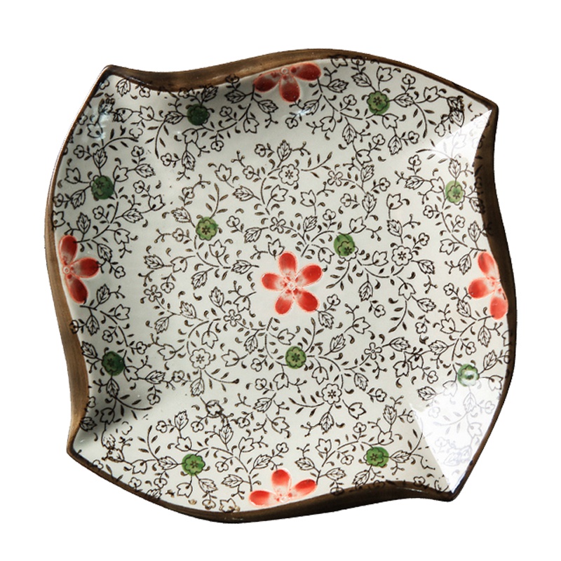 瓷物语日式创意陶瓷盘子 点心盘水果盘餐盘凉菜盘 缺角四方盘调味碟 (大红花一个)