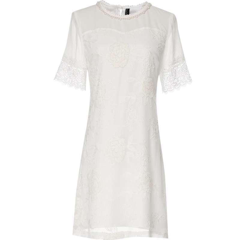 欧昵雪夏季珍珠织带圆领拼接花边袖绣花套头雪纺连衣裙女