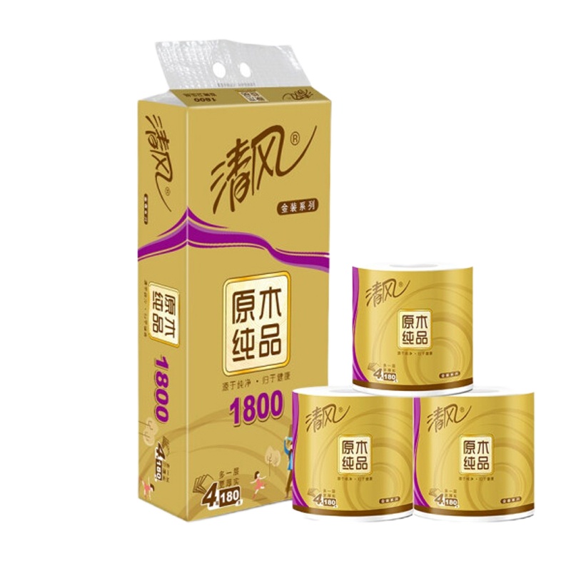 清风金装四层有芯卷筒卫生180g/138mmx108mm/10卷*6提