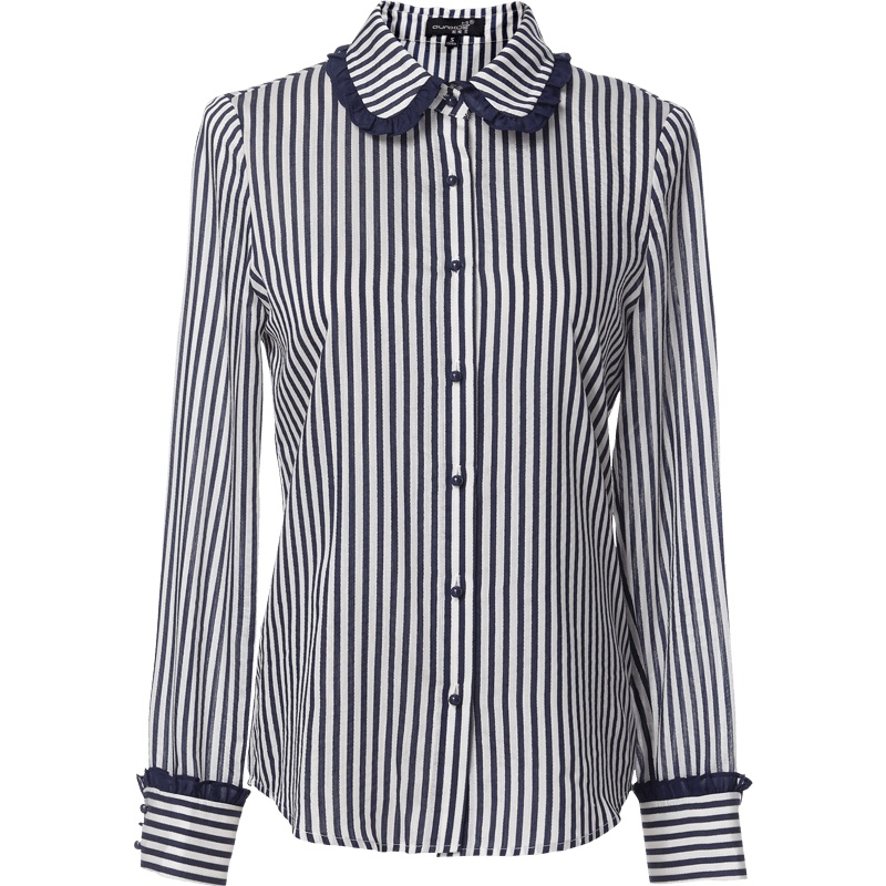 欧昵雪木耳边拼接娃娃领条纹衬衫女长袖气质衬衣上衣