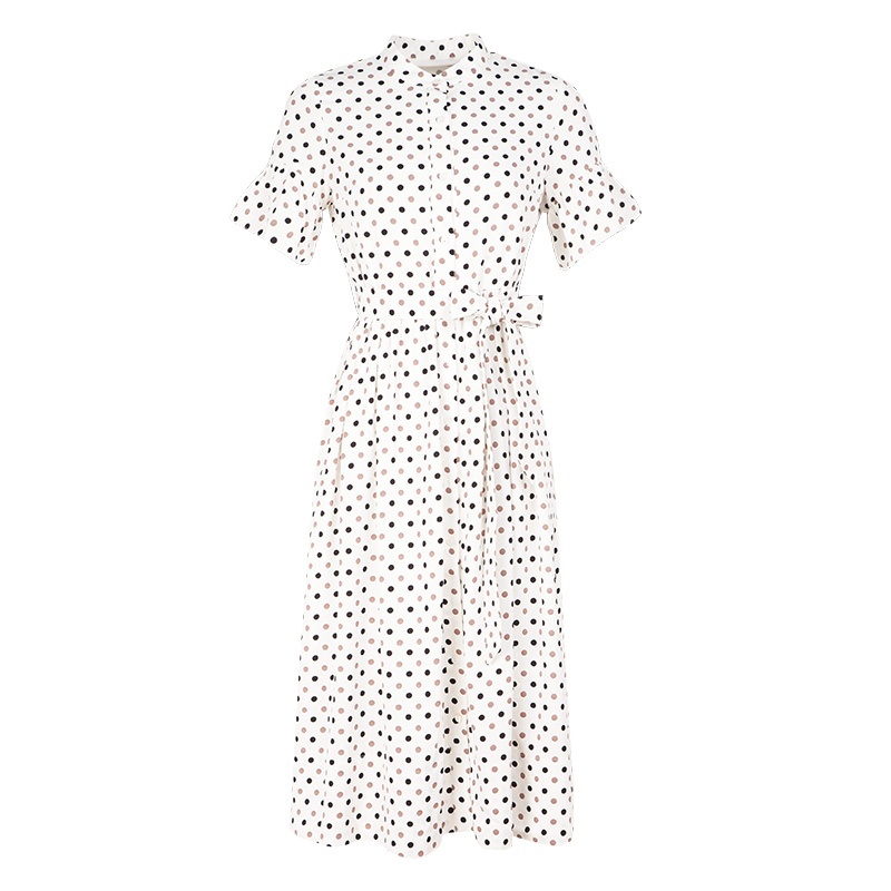 晩白 新品波点立领喇叭袖系带收腰中长款A摆短袖连衣裙