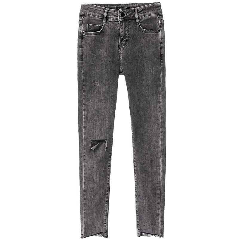 欧昵雪夏季修身显瘦高腰破洞牛仔裤女百搭九分小脚铅笔裤