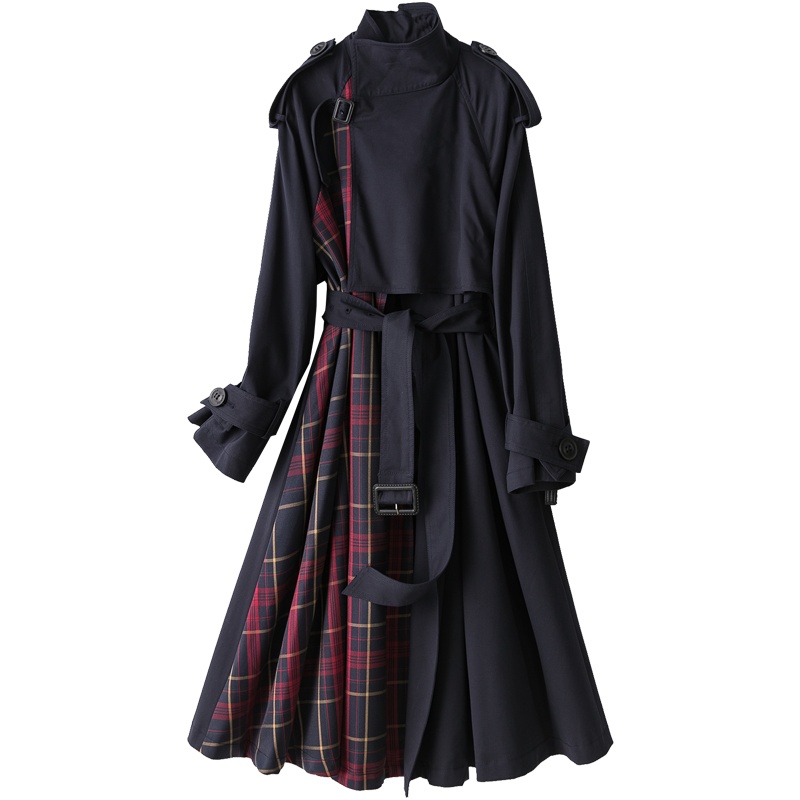 恒源祥风衣女中长款春秋新款复古格纹拼接休闲外套时尚不对称