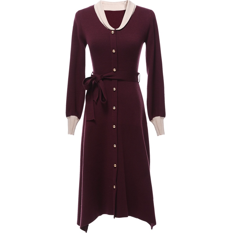 欧昵雪撞色高腰针织毛衣连衣裙女长袖