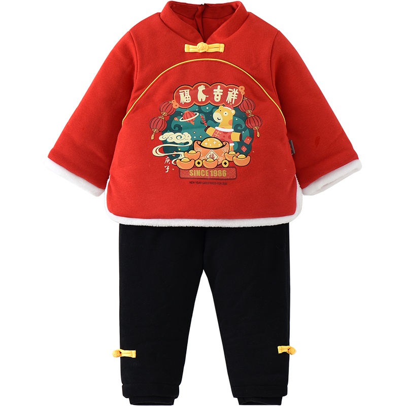 童泰(TONGTAI)2021年款冬款1-3岁婴幼儿棉衣男女宝宝家居外穿立领棉衣加厚新年儿童套装