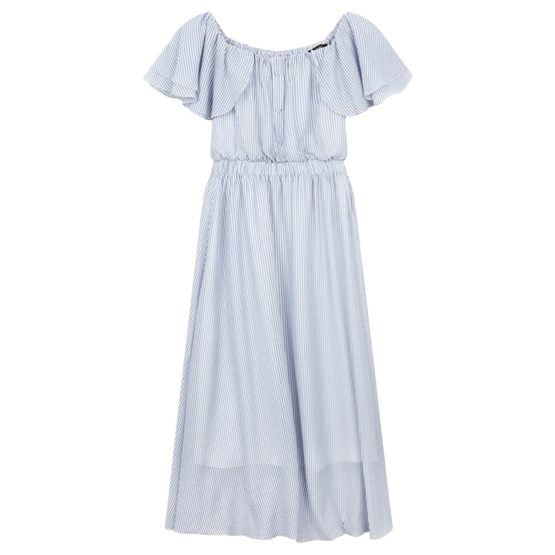 拉夏贝尔条纹裙女短袖夏季新款松紧腰荷叶袖学生长款裙