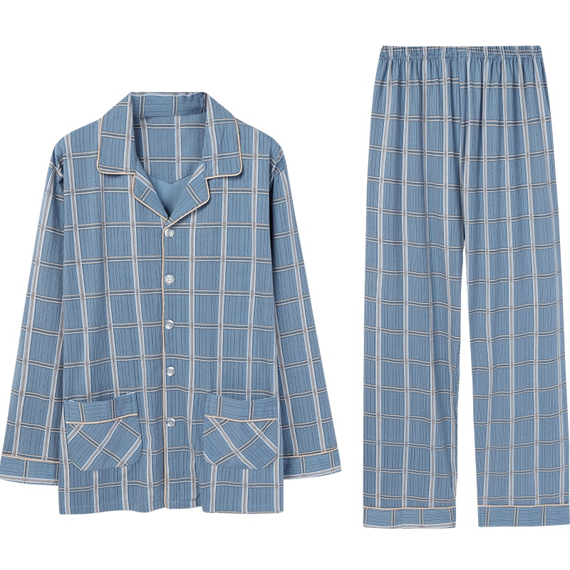 安之伴睡衣男春秋针织开衫套装印格经典国民领长袖可外穿男士家居服套装