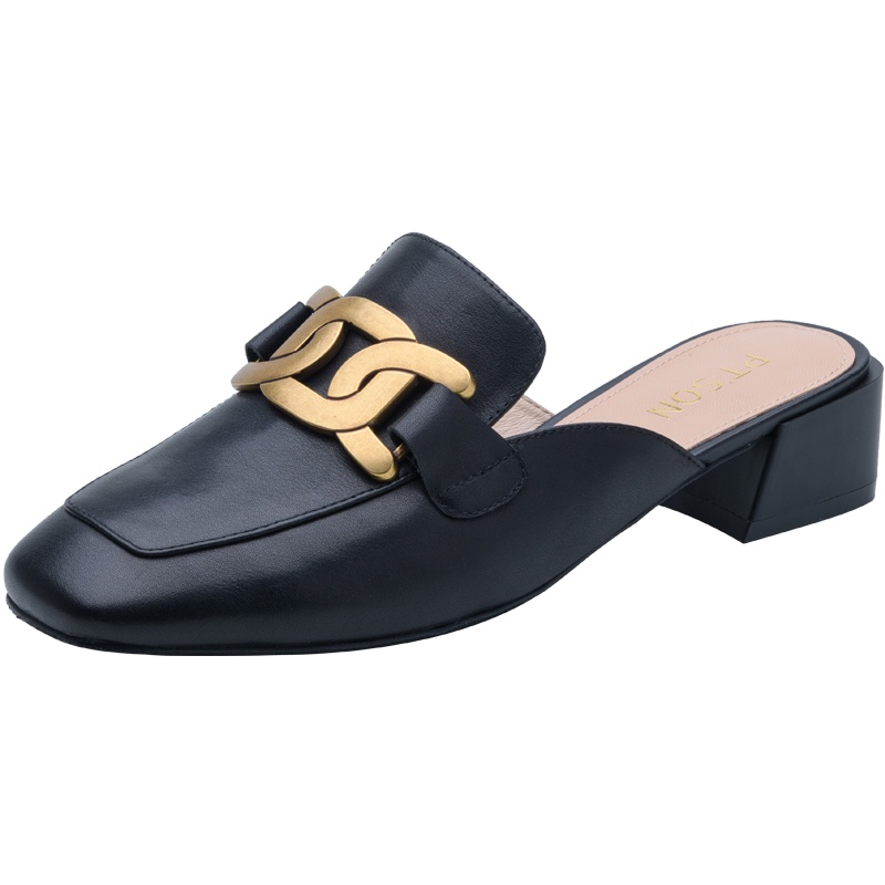 百田森2021春新款包头半拖鞋女钱扣穆勒鞋女中跟方头真皮乐福鞋女