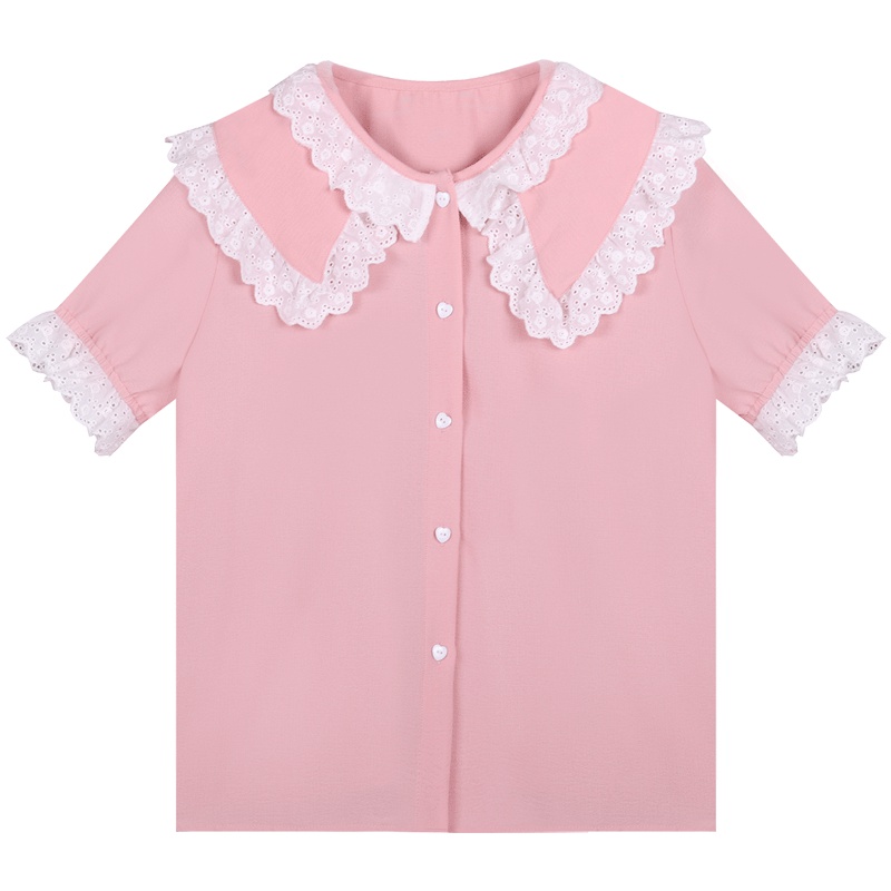 小清新粉色娃娃领衬衫女2019新款法式少女短袖雪纺衬衣宽松上衣夏