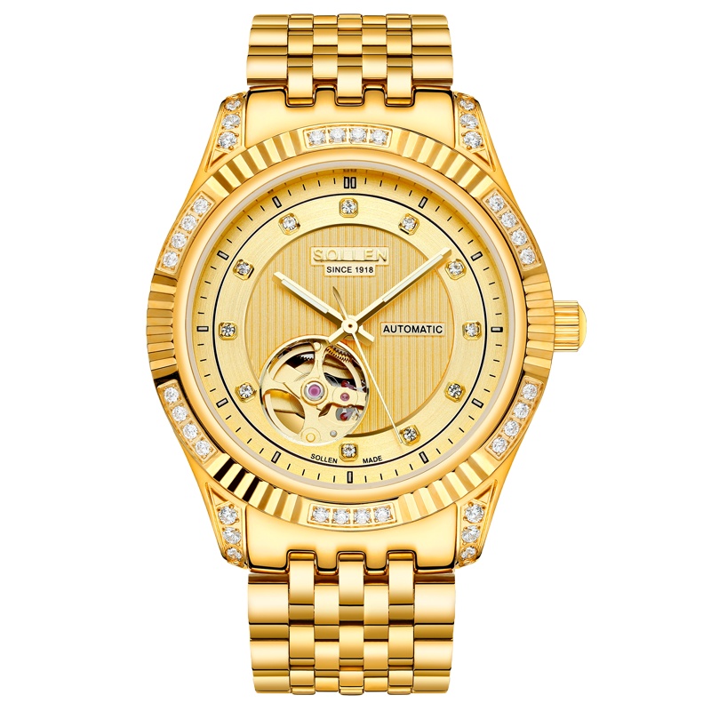 梭伦(SOLLEN)新款手表正品自动机械表男表陀飞轮夜光时尚休闲正装钢带防水男士手表SL-9006