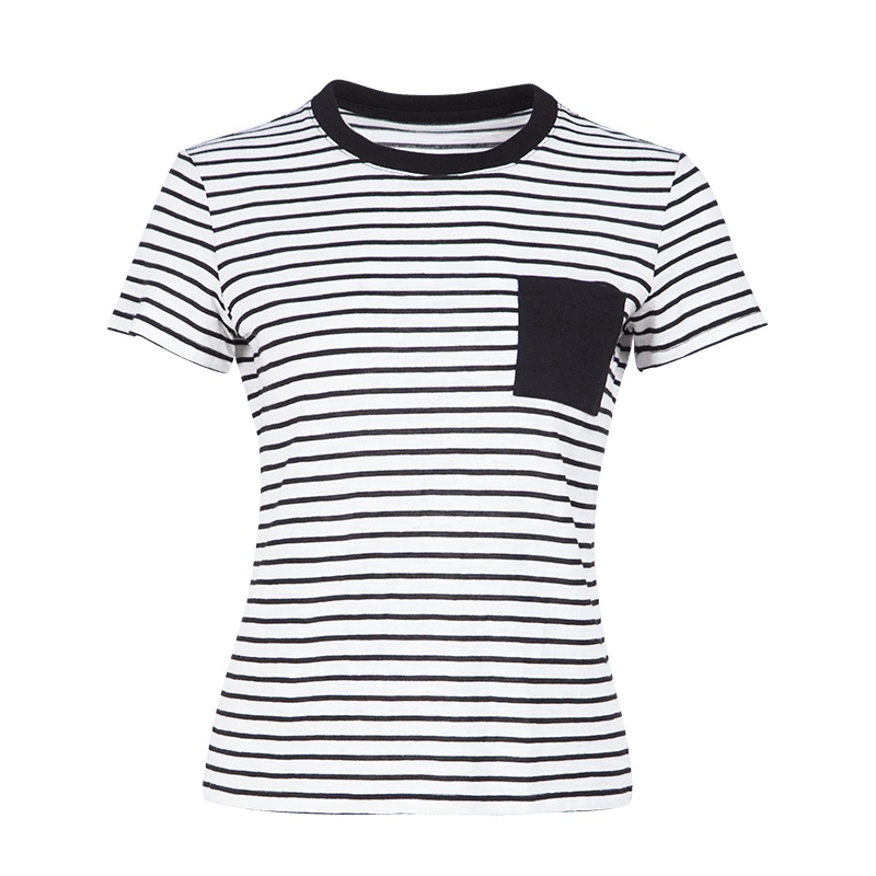 晚白 新品百搭简约圆领条纹常规款休闲短袖棉上衣T恤衫女