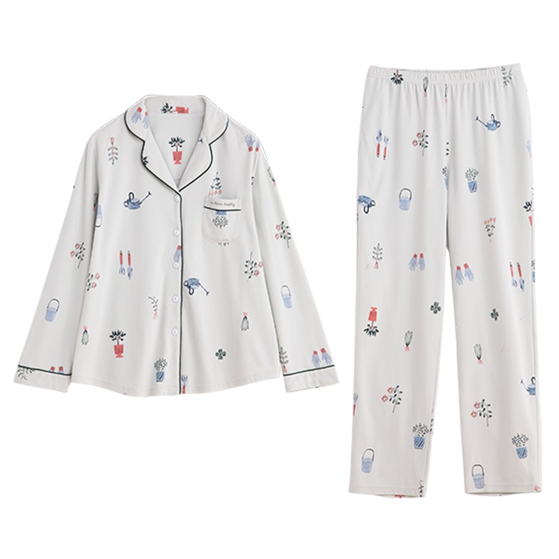 纯棉加厚针织印花国民领长袖女套装