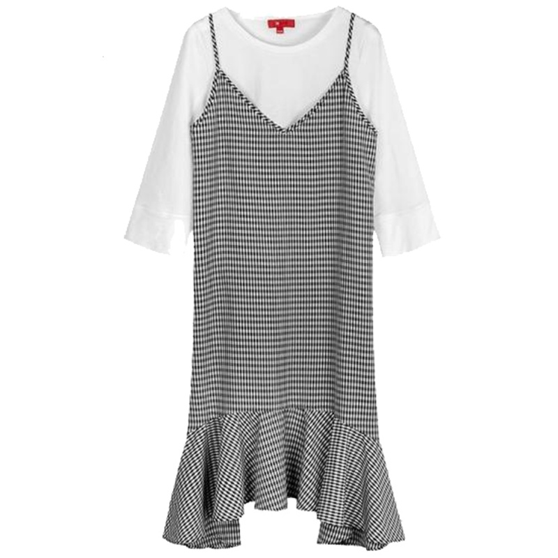 【热卖】7m韩版高腰连衣裙女2019秋冬季新款针织衫格子吊带裙打底衫两件套装70009858