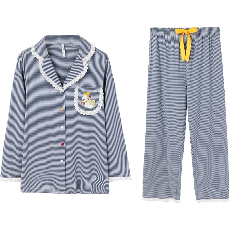 安之伴睡衣女纯色条纹开衫套装针织色织条国民领长袖女士可外穿家居服套装