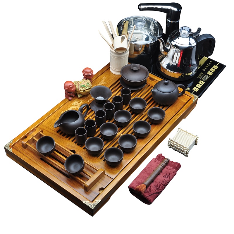唐宏坊 双龙戏珠茶具套装 整套茶具 实木茶盘 一体式电热炉全自动上水 紫砂 整套功夫茶具套装