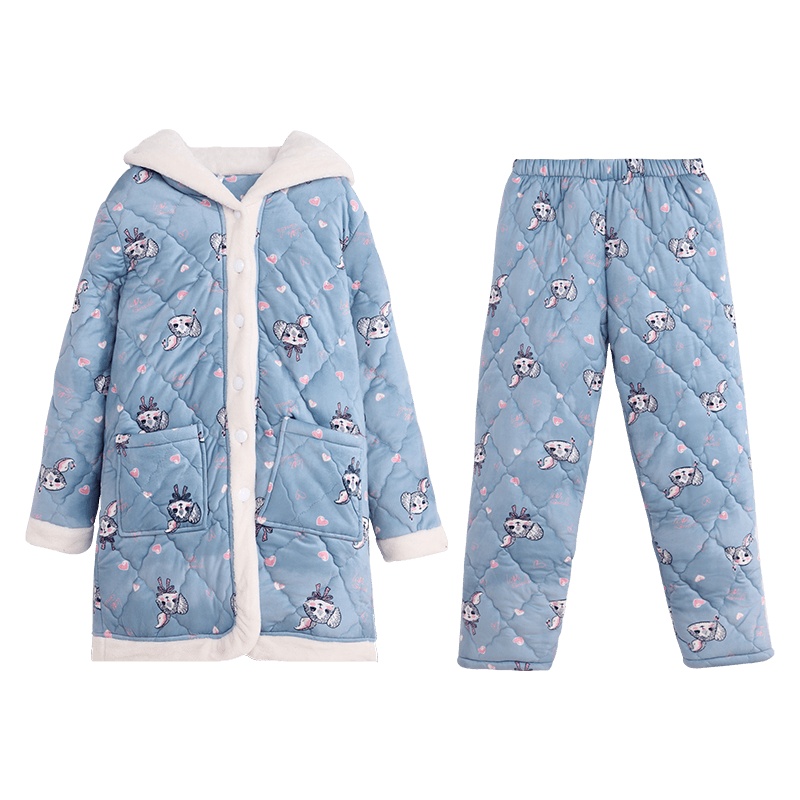 贝贝绒印卡通兔子带帽夹棉女套装