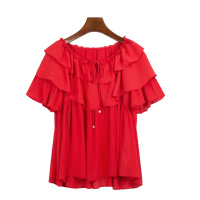 拉夏贝尔夏季新款休闲显瘦一字肩荷叶边纯色短款上衣衬衫女20010386