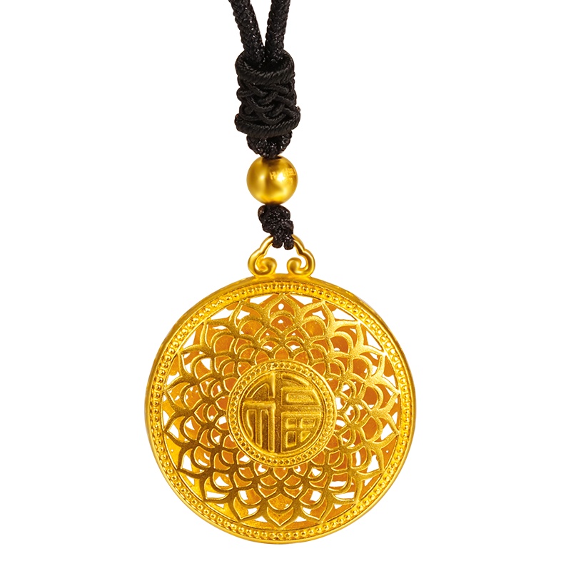 黄金码头古法足金999福莲纹八宝吊坠镂空平安扣坠子节日新年礼品