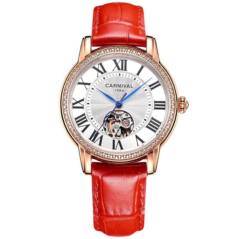 正品嘉年华CARNIVAL手表2019新款女表机械表 女士腕表气质休闲时尚真皮带防水个性镂空镶钻女表8052