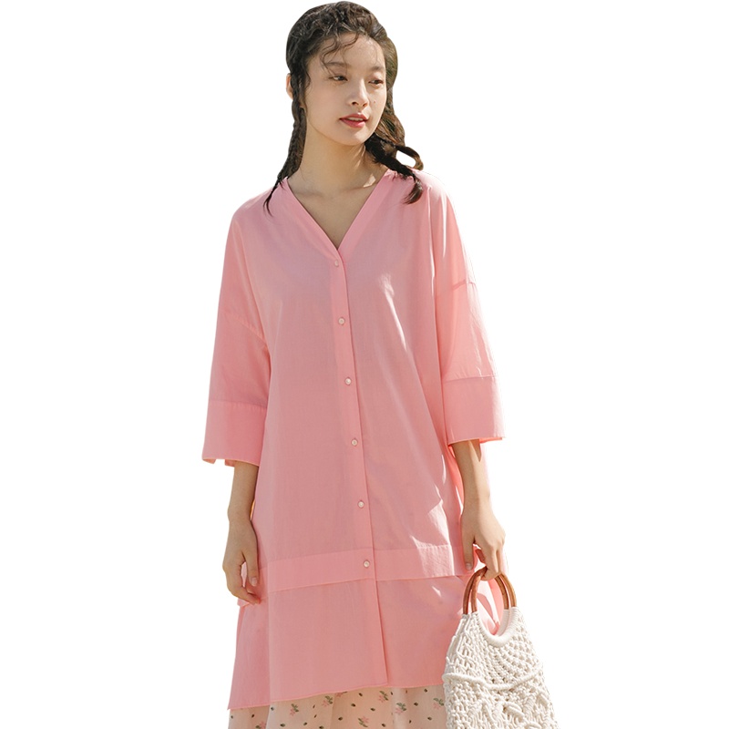 茵曼2019夏装新款纯棉纯色简约V领落肩七分袖宽松气质衬衣上衣女