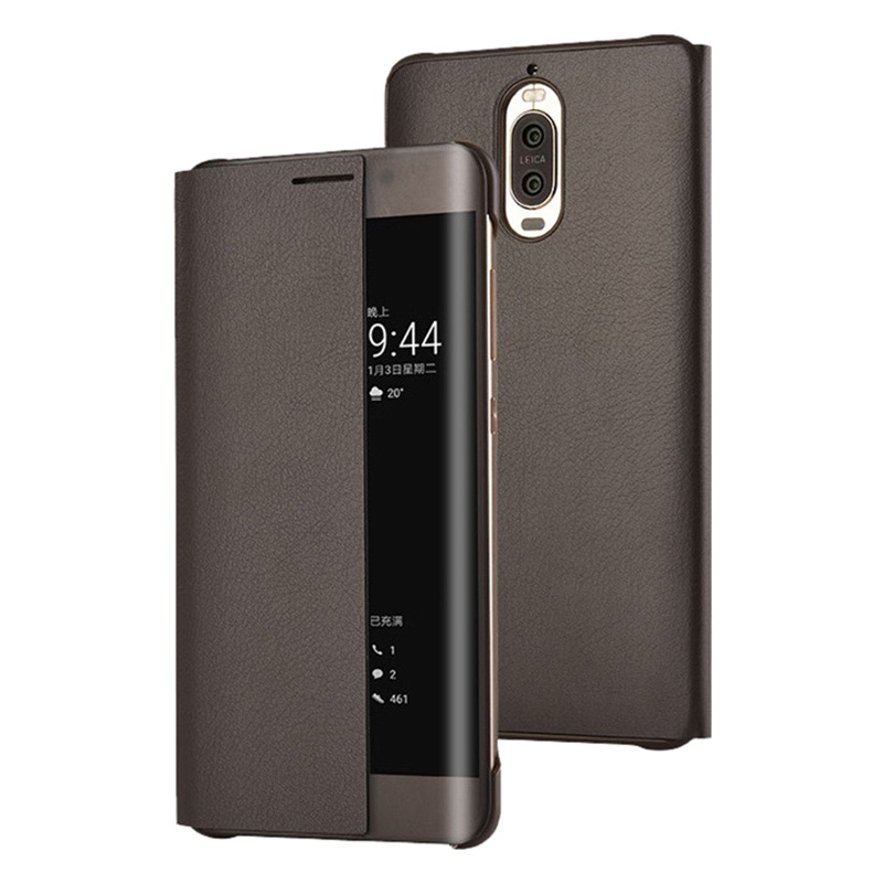送钢化膜]溪特 华为mate9pro手机壳抗爆防摔(5.5英寸商务视窗智能休眠皮套原装翻盖接听电话保护壳皮质保护套咖啡色