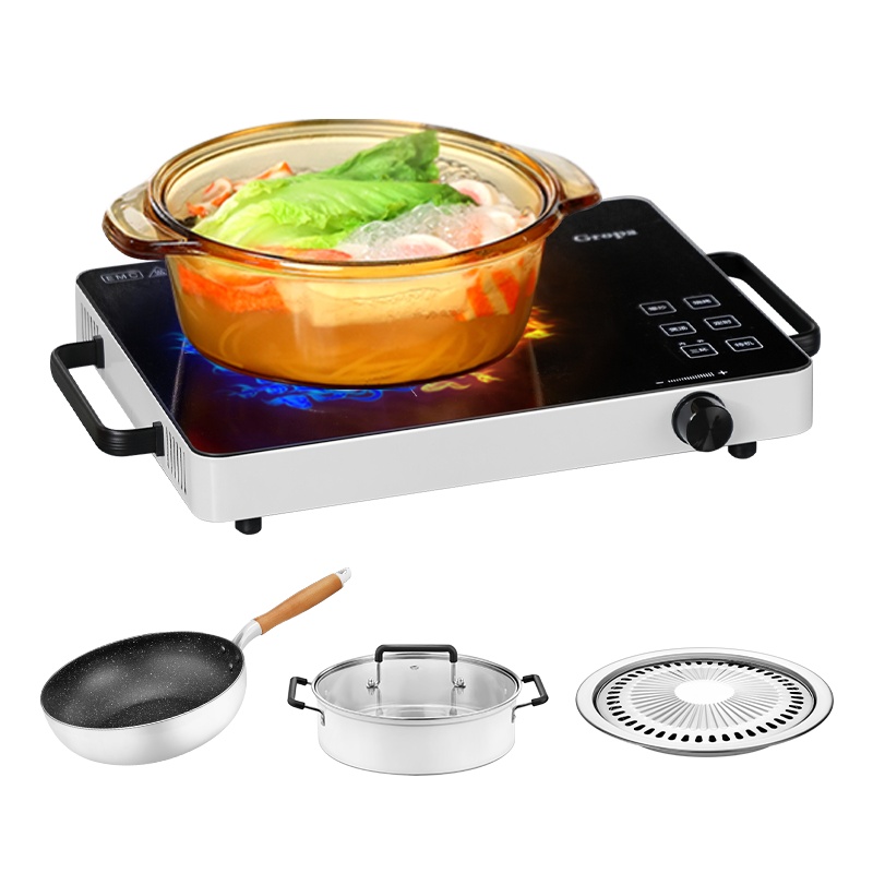 古牌(Gropa)电陶炉不挑锅具触控式2200W家用大功率电磁灶爆炒多功能旋钮式智能台式电磁炉D2+烧烤盘