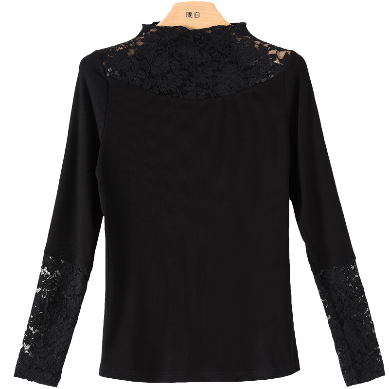 晚白2021春季新品简约纯色立领修身显瘦长袖常规蕾丝衫打底衫女