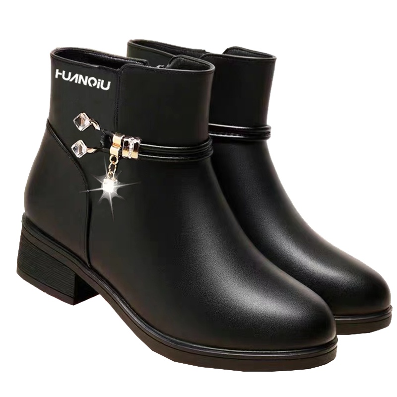 真皮环球短靴女中跟2021新款加绒棉鞋妈妈中年粗跟单靴春秋冬鞋