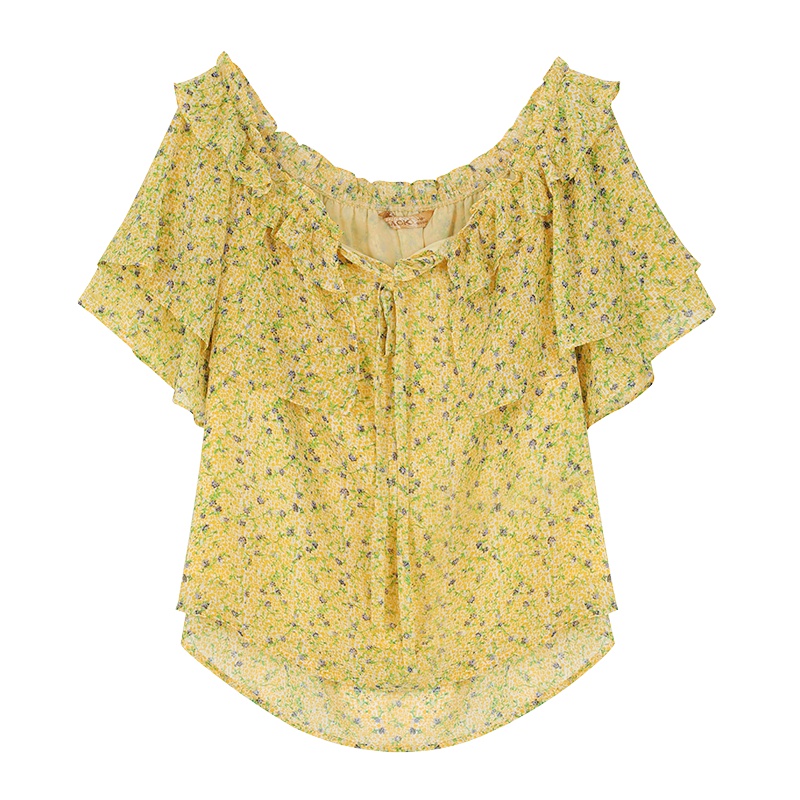 妖精的口袋碎花小衫女洋气娃娃衫上衣韩版2019夏新款一字肩雪纺衫