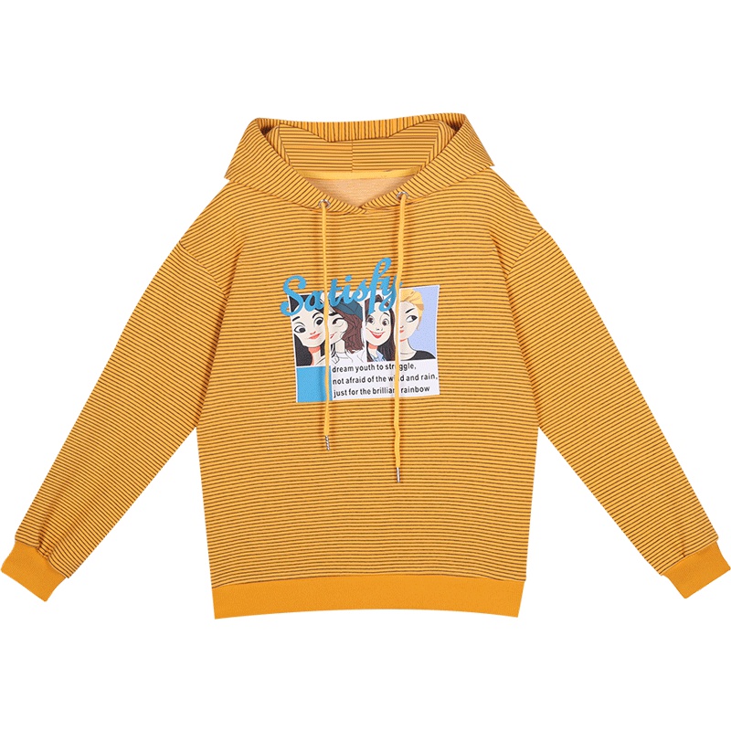 人物印花条纹卫衣女连帽2019新款韩版宽松学生百搭长袖套头上衣秋