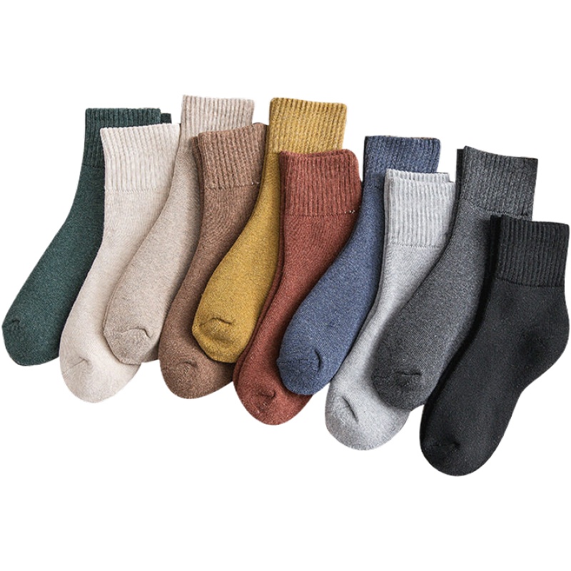 俞兆林冬季袜子女袜纯棉中筒袜加厚加绒纯色保暖棉袜女士日系毛圈袜3双装