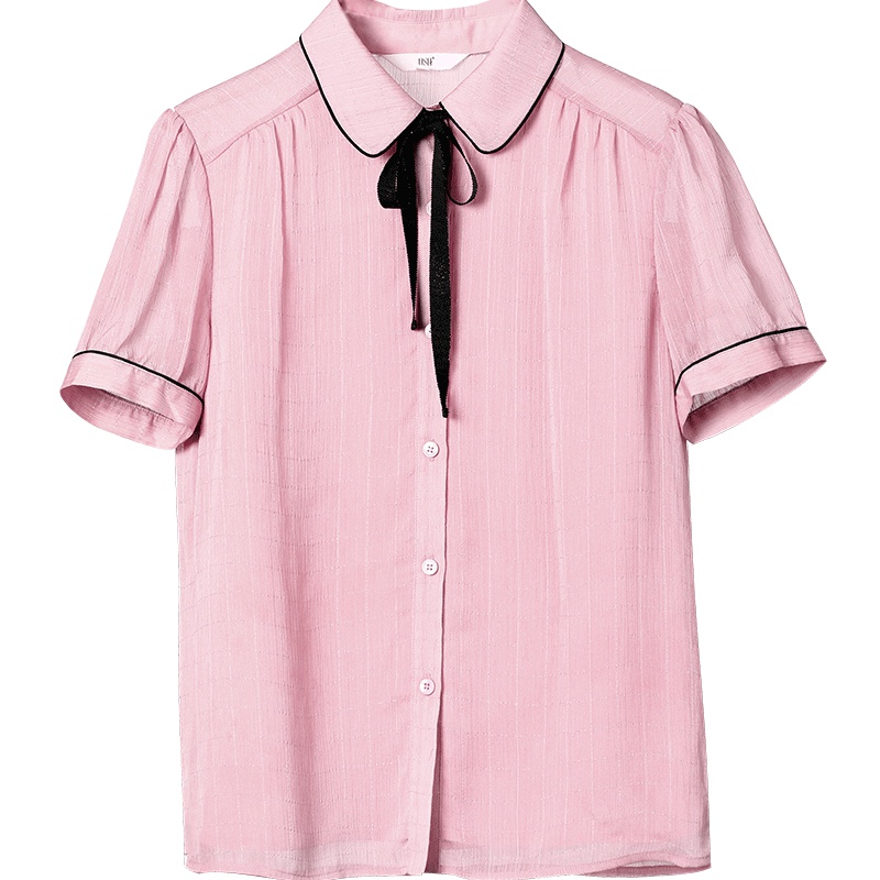 欧莎2019夏季新款韩版设计感小众甜美粉色短袖宽松洋气雪纺衬衫女