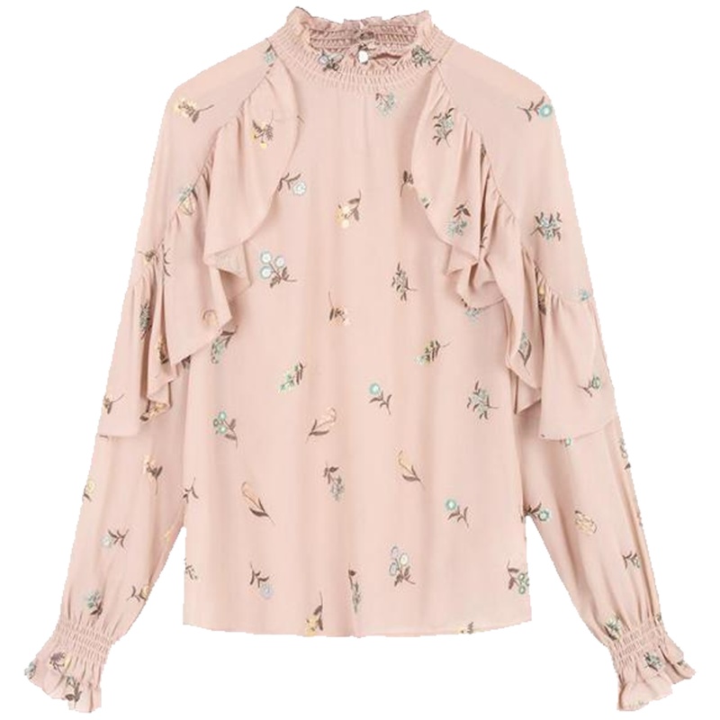 【热卖】荷叶袖衬衫女装2019春季新款复古法式chic设计感小众长袖碎花衬衣20011651