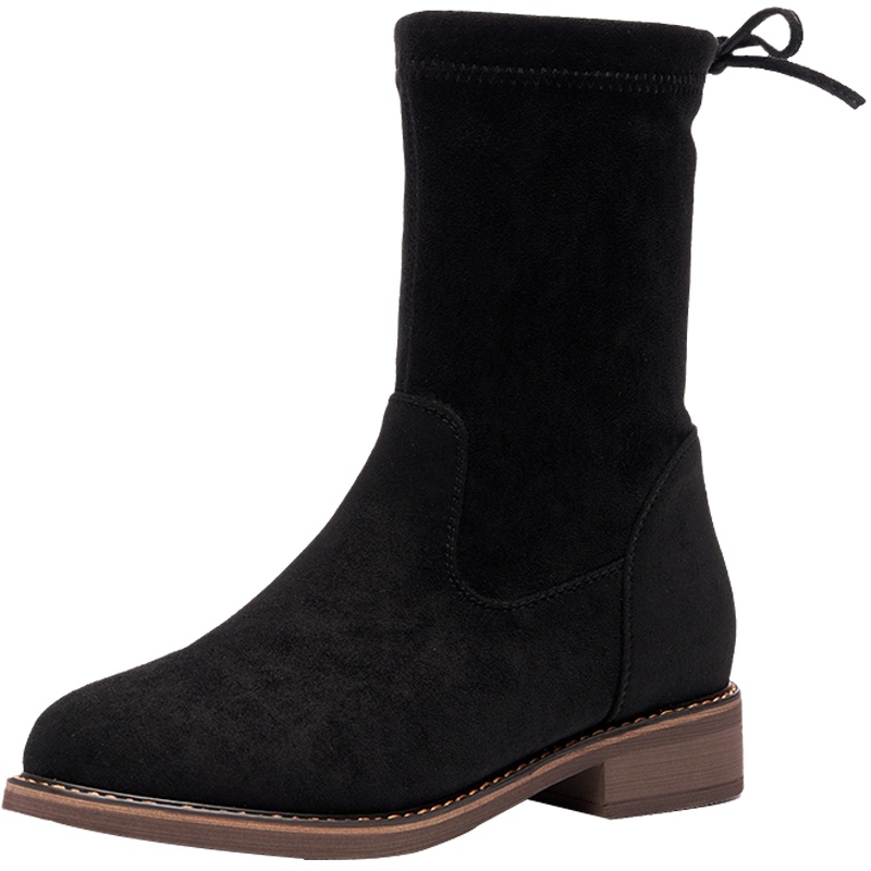 森林公主女靴弹力袜靴日常休闲女款交叉绑带中帮女单靴一脚蹬鞋