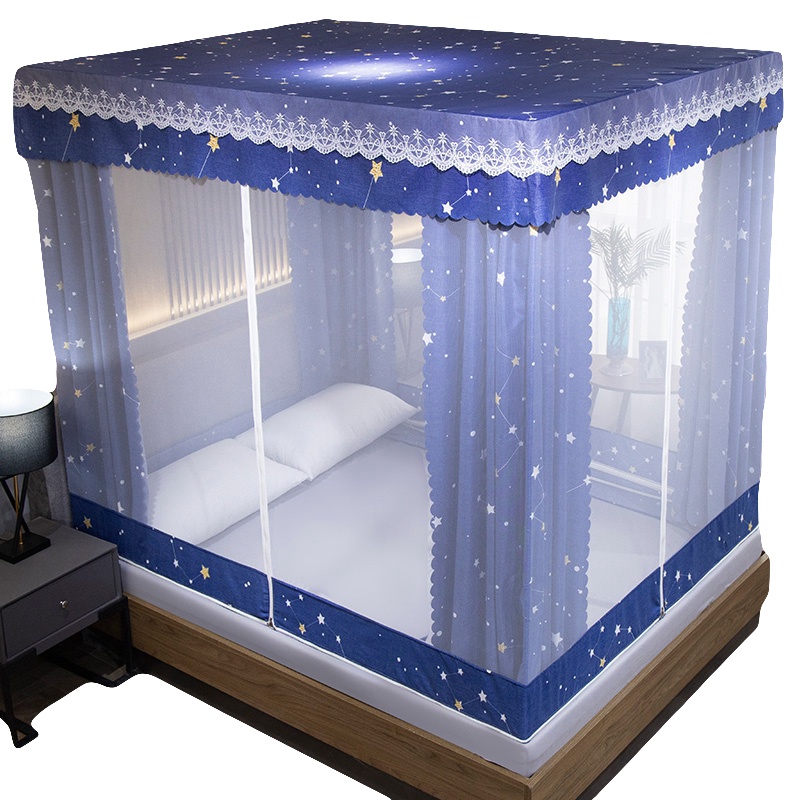 南极人(NanJiren) 坐床式蚊帐三开门加厚床幔防尘顶遮光布床帘一体式1.5m1.8m床家用带支架