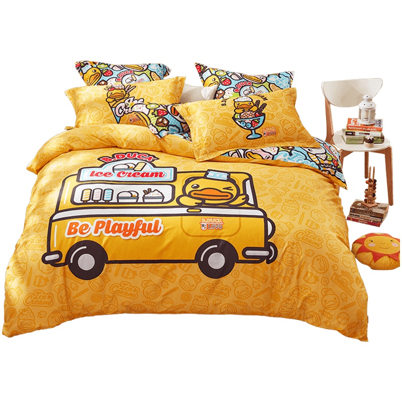 LOVO家纺床品四件套 全棉斜纹印花 卡通动漫风格 甜美粉色 床上用品床单被套枕套 1.5/1.8米床 小黄鸭下雪天