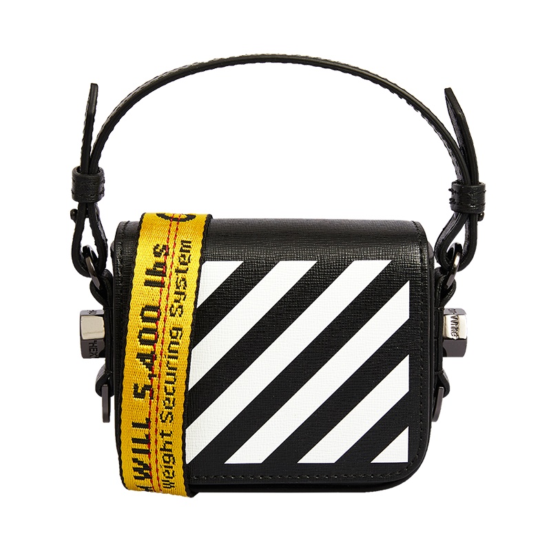 OFF WHITE 2020新款 女士黑白斜条纹牛皮腰包手提单肩斜跨包黑色