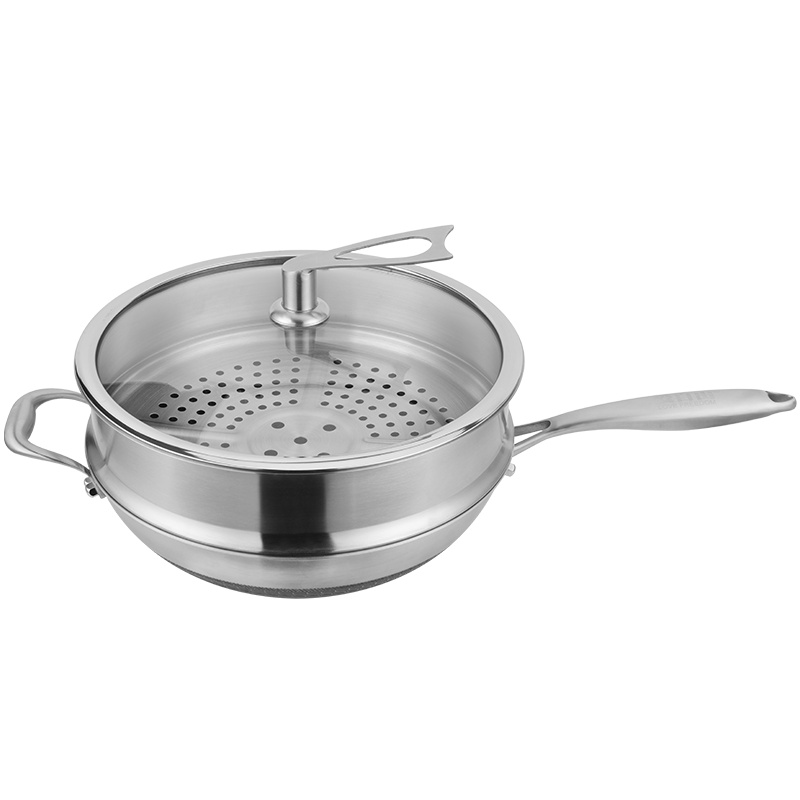 爱自由家用304不锈钢32cm无涂层炒锅不粘锅电磁炉燃气通用无油烟