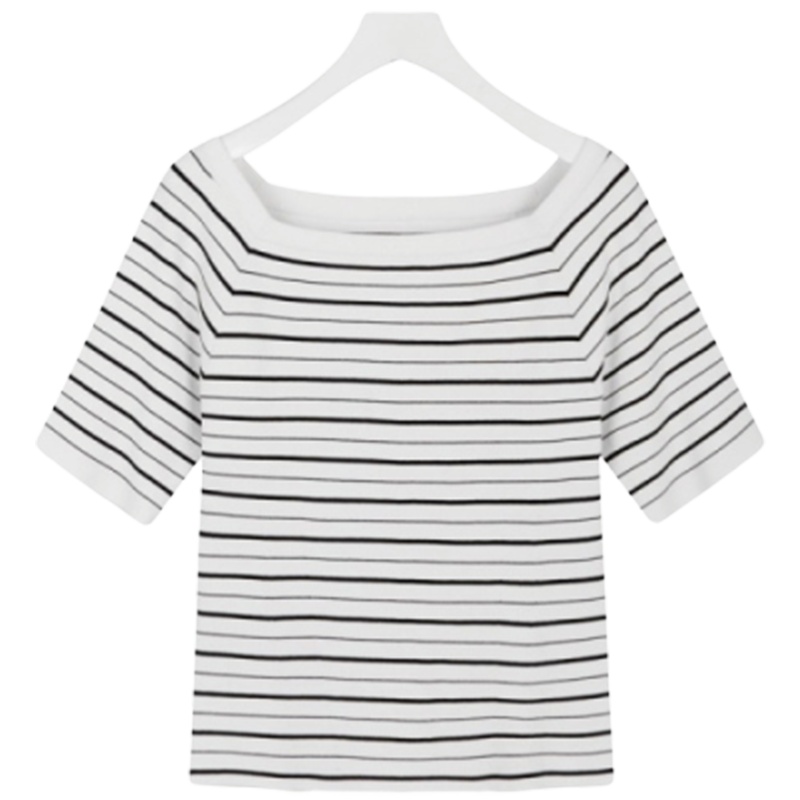 【专柜同款】上衣秋季新款薄一字领短款中袖黑白条纹套头毛针织衫女士30081597