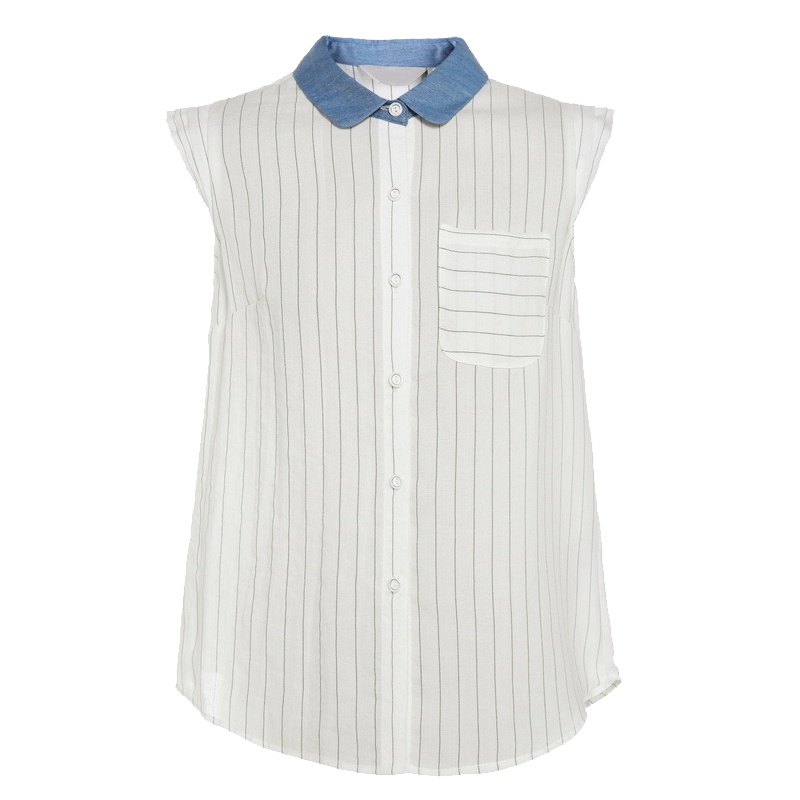 秋水伊人夏新款女装拼接口袋条纹方领无袖衬衫上衣FR261