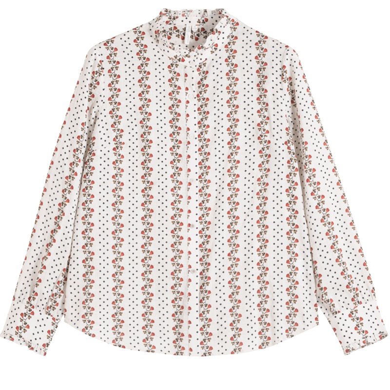 茵曼衬衣2019秋装新款甜美木耳花边立领长袖碎花衬衫女复古上衣