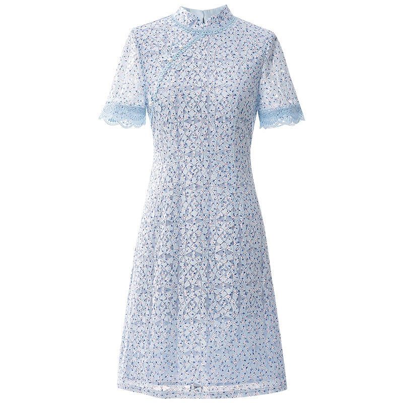 欧昵雪夏季中国风旗袍改良版印花蕾丝连衣裙女立领a字裙