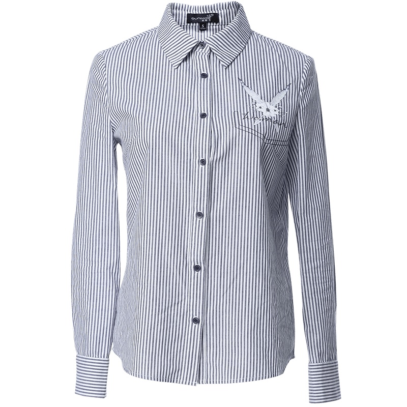 欧昵雪烫图印花条纹衬衫女长袖OL气质修身衬衣