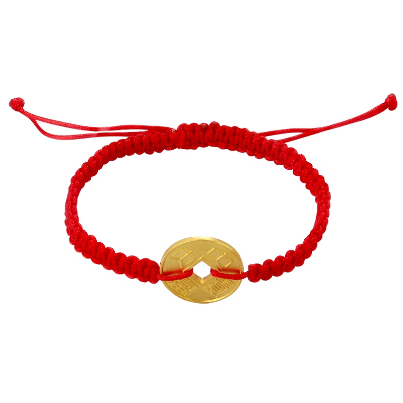 黄金码头 足金999古法金红绳手串富贵钱币手链送礼铜钱币新年礼物