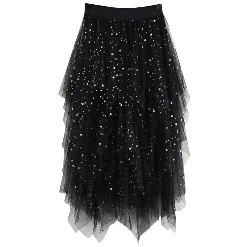 热卖/马克华菲女装19春夏轻盈纱裙子星月亮片装饰不规则裙摆半身裙
