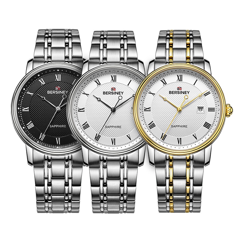 BERSINEY波西尼瑞士品牌时尚腕表商务手表男女大表盘石英表防水进口机芯情侣对表钢带 卡曼达系列