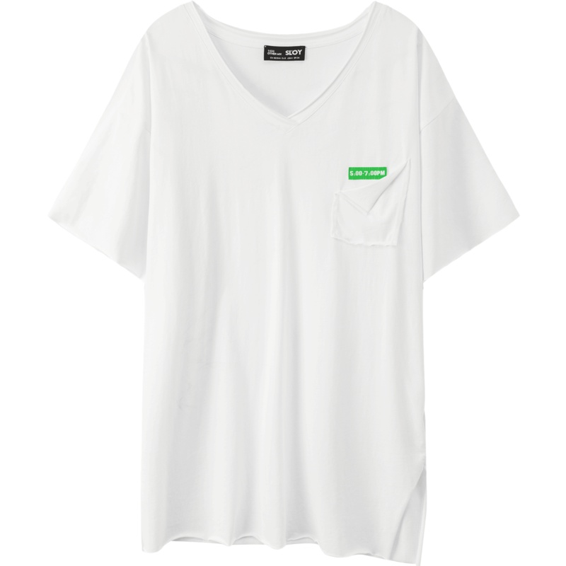 OtherMix贴布纯色t恤女2021年夏季新款短袖宽松v领中长薄款上衣潮