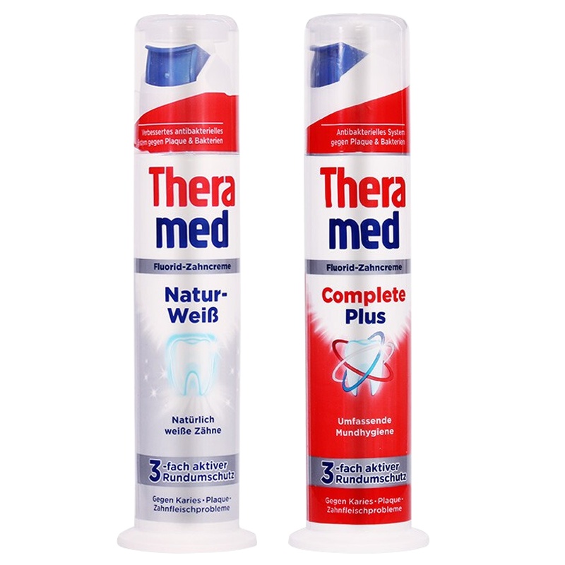 德国原装进口汉高Theramed汉高牙膏泰瑞美站立式按压牙膏100ml 2支装 去垢亮白+多效护龈