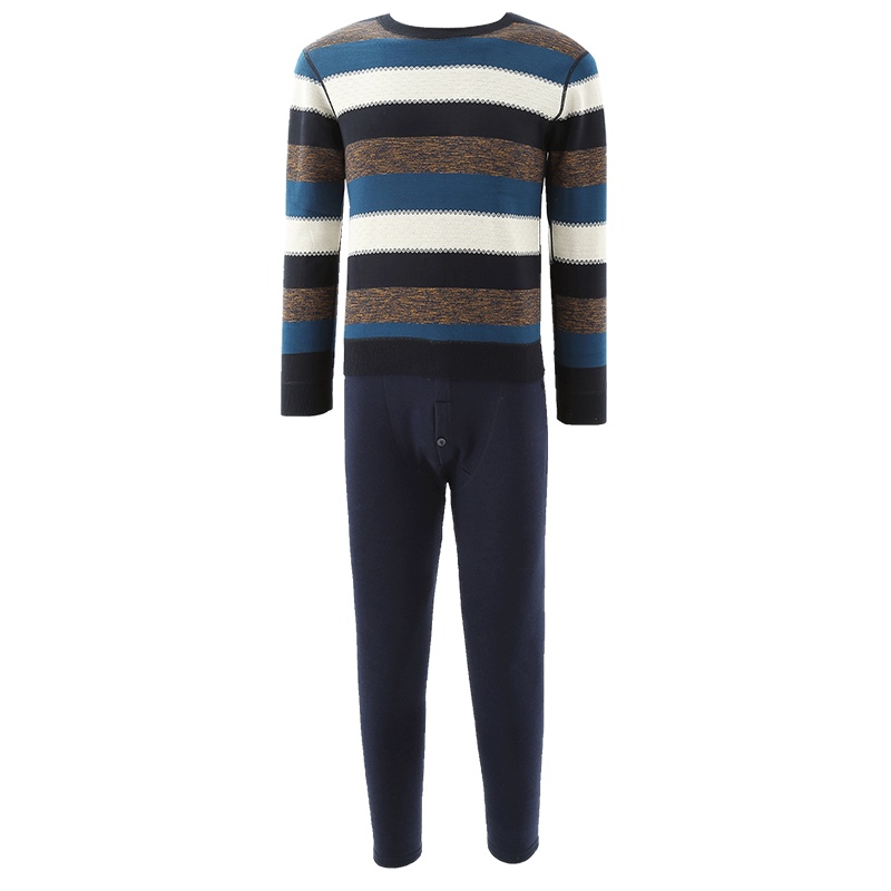 都市丽人时尚撞色大条纹圆领针织加绒秋衣秋裤男士保暖内衣套装4W7201