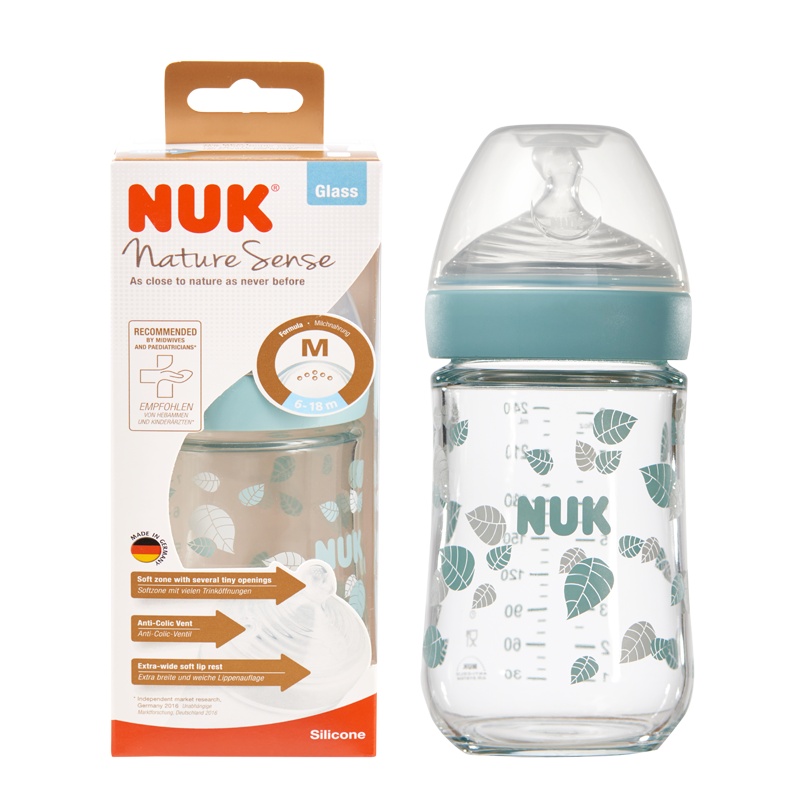 NUK240ML自然母感宽口玻璃奶瓶(成长型硅胶中号)